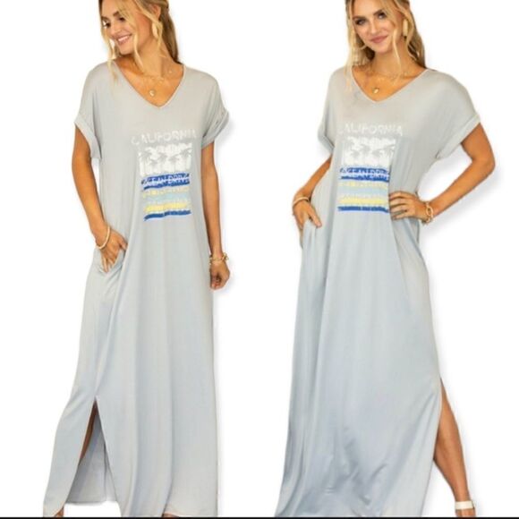 NWT California Beach Graphic Long Grey V-Neck T-Shirt Maxi Dress w/ Pockets - Picture 4 of 7
